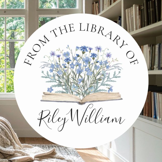Pegatina Redonda Blue Flowers Grow From Book Bookplate Sticker (In situ)