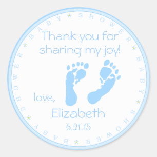 Pegatina Redonda Blue Footprints Boy Baby Shower Gracias