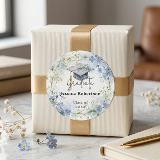 Pegatina Redonda Blue Forget Me Not Watercolor Graduation Cap