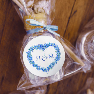 Pegatina Redonda Blue forget me nots inked art wedding monogram
