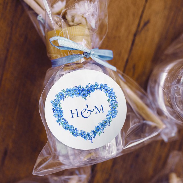 Pegatina Redonda Blue forget me nots inked art wedding monogram (Subido por el creador)