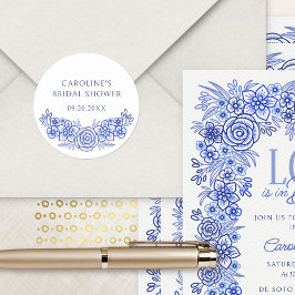 Pegatina Redonda Blue French Floral Bridal Shower