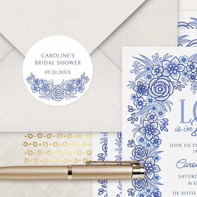 Pegatina Redonda Blue French Floral Bridal Shower (Subido por el creador)