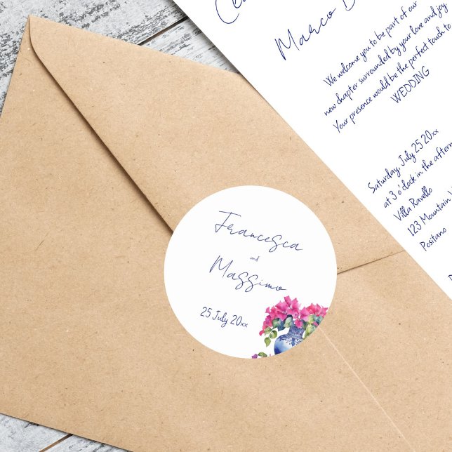 Pegatina Redonda Blue French Tiles Bougainvillea boda elegante (Blue French Tiles Bougainvillea elegant Mediterranean wedding envelope Sticker bride and groom names)