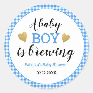 Pegatina Redonda Blue Gingham Baby Boy está preparando Baby Shower