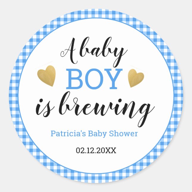 Pegatina Redonda Blue Gingham Baby Boy está preparando Baby Shower (Anverso)