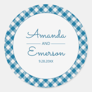 Pegatina Redonda Blue Gingham Check Fun Casual Custom Wedding Favor