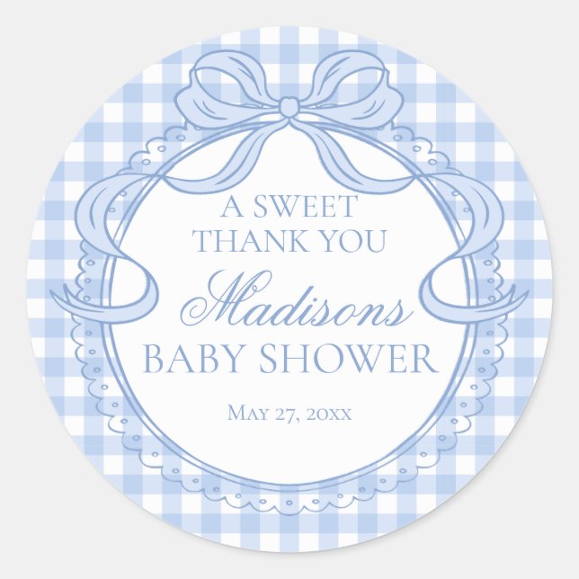 Pegatina Redonda Blue Gingham Coquette Bow Baby Shower Favor (Anverso)