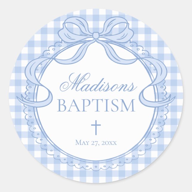 Pegatina Redonda Blue Gingham Coquette Bow Baptism Envelope Seal (Anverso)