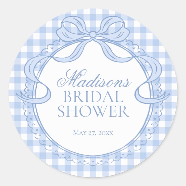 Pegatina Redonda Blue Gingham Coquette Bow Bridal Shower Seal (Anverso)