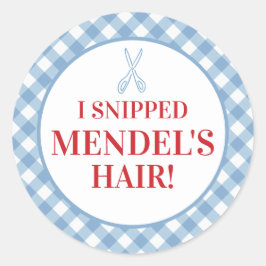 Pegatina Redonda Blue Gingham Upsherin "¡Me Snippe His Hair!" Pegat