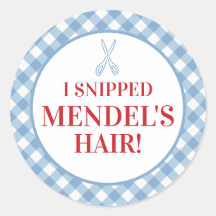 Pegatina Redonda Blue Gingham Upsherin "¡Me Snippe His Hair!" Pegat