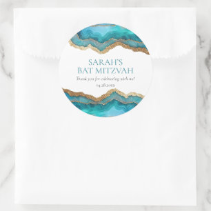 Pegatina Redonda Blue Gold Agate Bar o Bat Mitzvah