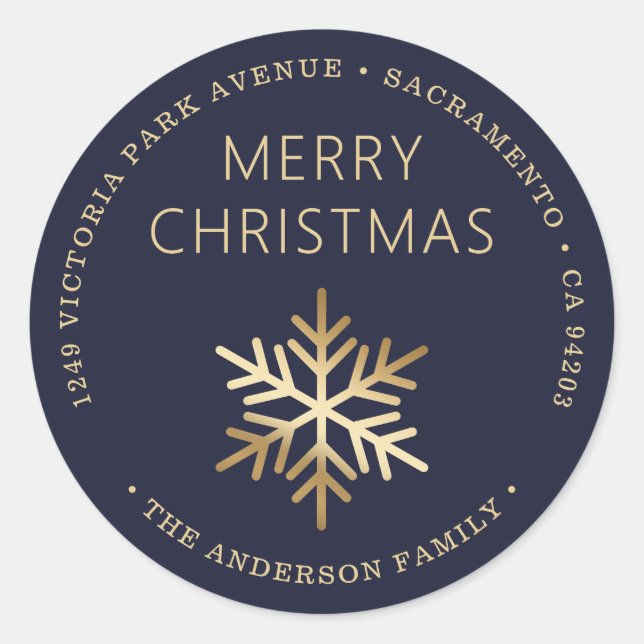 Pegatina Redonda Blue Gold Christmas Snowflake Return Address (Anverso)