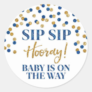Pegatina Redonda Blue Gold Confetti Sip Sip Hooray