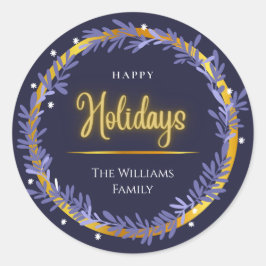 Pegatina Redonda Blue Gold Cute Felices Fiestas Feliz Navidad