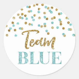 Pegatina Redonda Blue Gold Dots Gender Revelan Baby Shower Team Blu