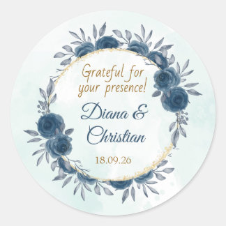 Pegatina Redonda Blue Gold Floral Wedding Sticker Elegant Circle