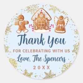Pegatina Redonda Blue Gold Gingerbread House Fiesta Gracias