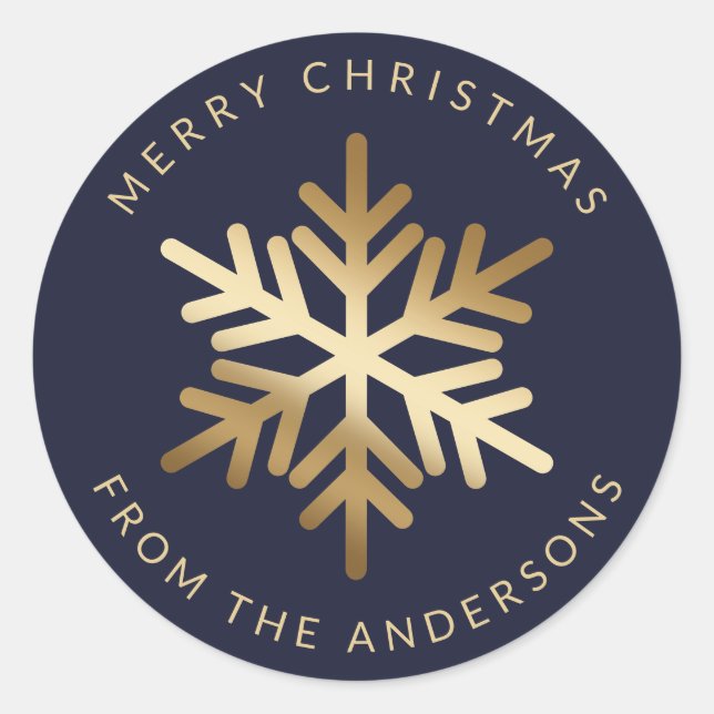 Pegatina Redonda Blue Gold Snowflake Family Merry Christmas (Anverso)