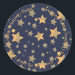 Pegatina Redonda Blue Gold Star Typography Vintage Merry Christmas<br><div class="desc">Clásico,  elegante,  vintage ,  de estrellas doradas sobre fondo azul marino. Perfecto para la temporada de Navidades y para el personalizar con su propio nombre familiar.</div>