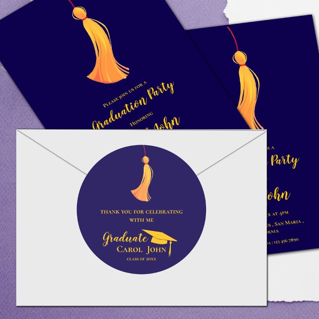 Pegatina Redonda Blue Gold Tassel 2025 Graduación Gracias (Blue Gold Tassel 2025 Graduation Thank you Classic Round Sticker)