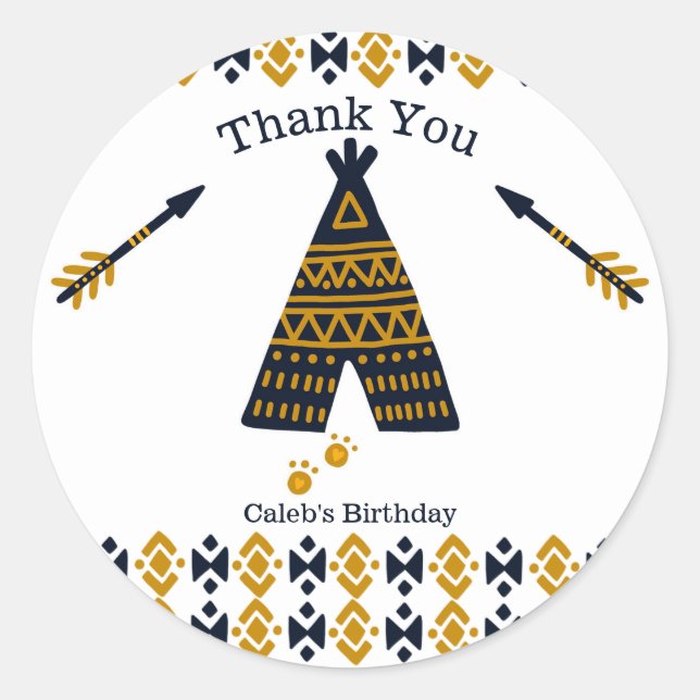 Pegatina Redonda Blue & Gold Tepee Modern Birthday Party Favor (Anverso)
