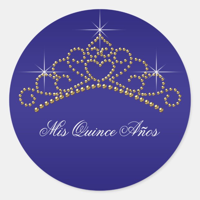 Pegatina Redonda Blue Gold Tiara Sweet 15 16 Quinceana Label (Anverso)