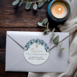 Pegatina Redonda Blue Gold Watercolor Floral Baptism Return Address