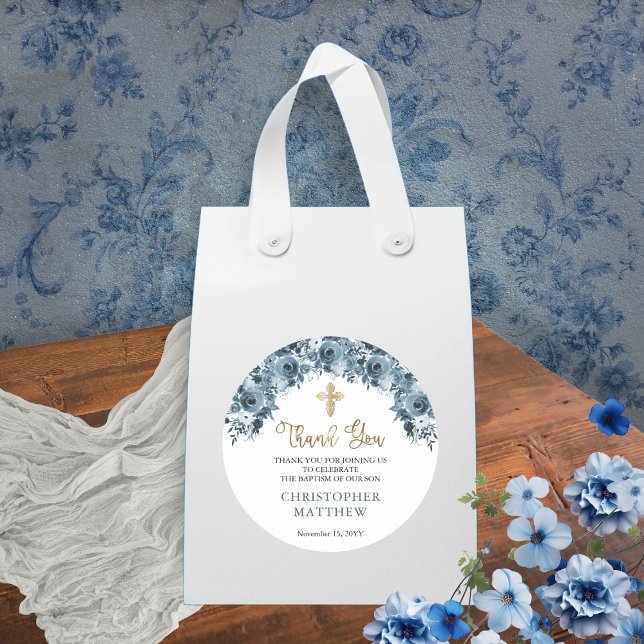 Pegatina Redonda Blue Gold Watercolor Floral Boy Baptism Gracias (Elegant Dusky Blue and Gold-Toned Watercolor Floral Boy Baptism Thank You Classic Round Sticker)