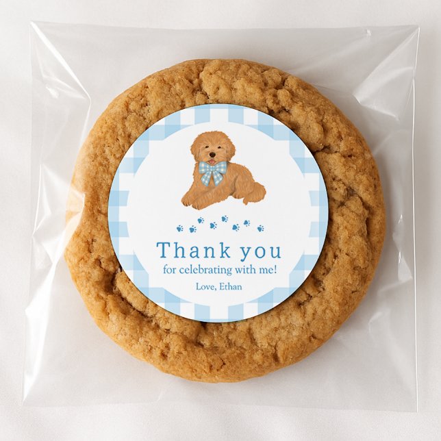 Pegatina Redonda Blue Golden Doodle Birthday Thank You Favor (Subido por el creador)