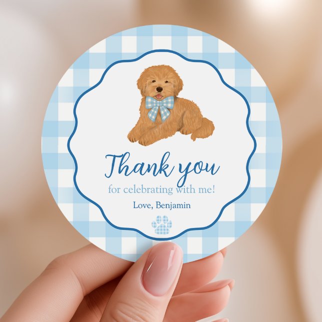 Pegatina Redonda Blue Golden Doodle Puppy Pawty Birthday Favor (Subido por el creador)