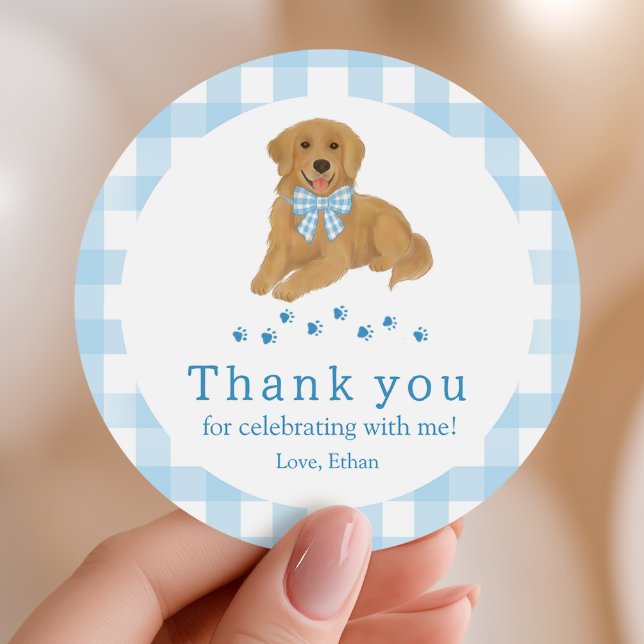 Pegatina Redonda Blue Golden Retriever Birthday Thank You Favor (Subido por el creador)