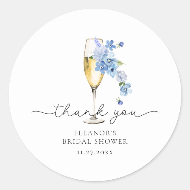 Pegatina Redonda Blue Gracias Petals & Prosecco Bridal Shower (Anverso)
