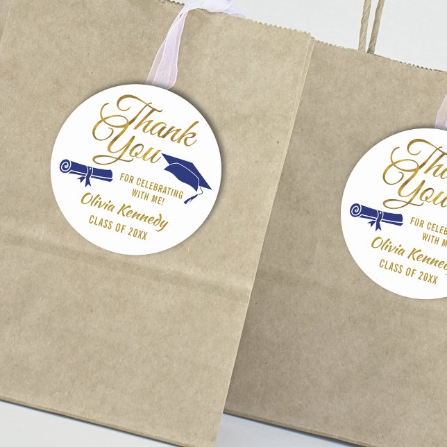 Pegatina Redonda Blue Graduation Cap Gold Thank You Script Favor (Subido por el creador)