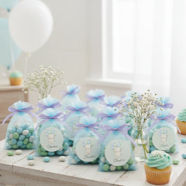 Pegatina Redonda Blue & Green Watercolor Teddy Bear Baby Shower