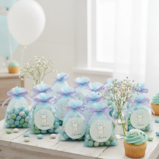 Pegatina Redonda Blue & Green Watercolor Teddy Bear Baby Shower