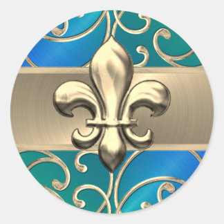 Pegatina Redonda Blue Green y Gold Filigree Swirls Fleur de Lis