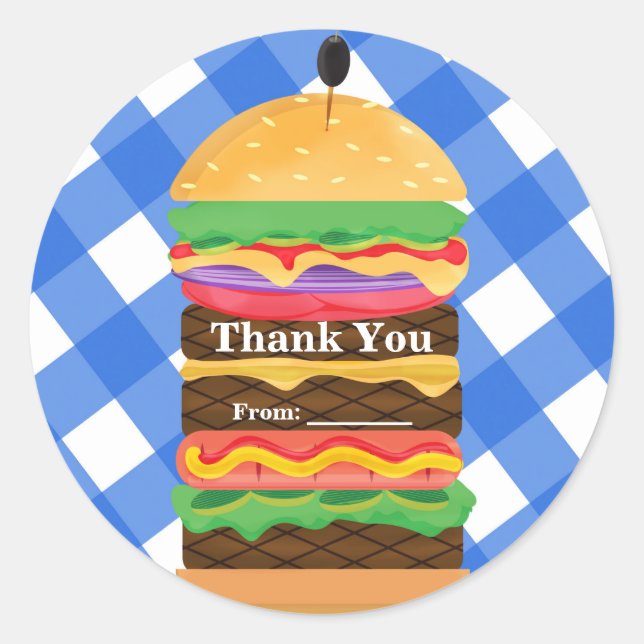 Pegatina Redonda Blue Hamburger Summer Cookout Barbecue Party Favor (Anverso)