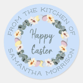Pegatina Redonda Blue Happy Easter Egg Wreath from the Kitchen of