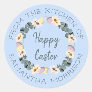 Pegatina Redonda Blue Happy Easter Egg Wreath from the Kitchen of