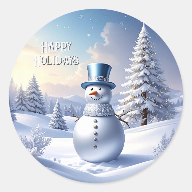 Pegatina Redonda Blue Hat Snowman Christmas Tree Holiday Sticker (Anverso)