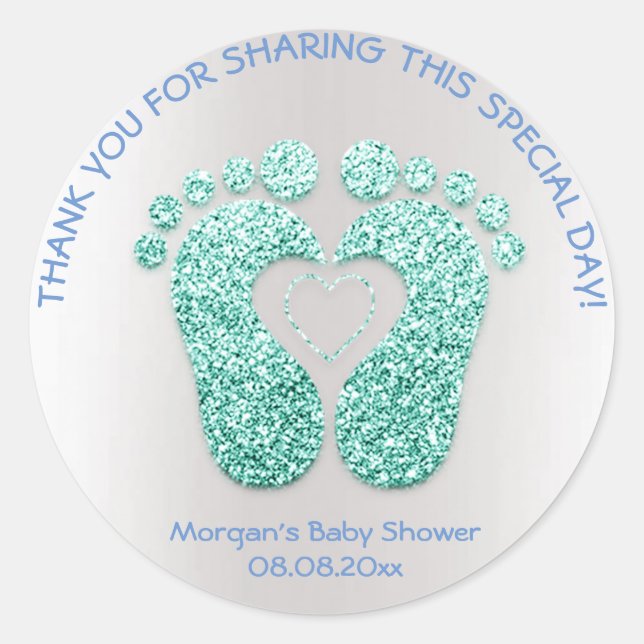 Pegatina Redonda Blue Heart Feet Baby Shower Favor Gracias Mint Boy (Anverso)