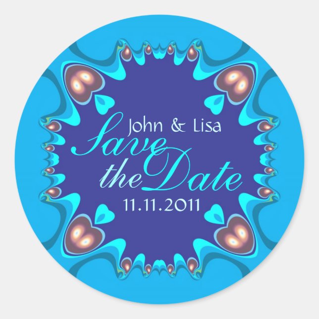 Pegatina Redonda Blue Hearts Alternative Save the Date Pegatinas (Anverso)