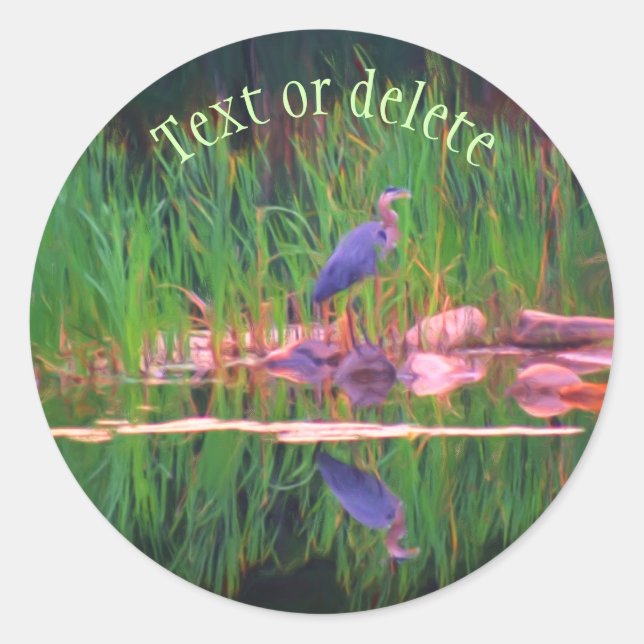 Pegatina Redonda Blue Heron Reflecciones Arte Animal Personalizado (Anverso)