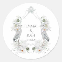 Pegatina Redonda Blue Heron Waterfowl Boda Eéreo Floral Blanca