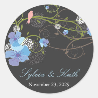 Pegatina Redonda Blue Hibiscus Swirls y Swallow Floral Boda