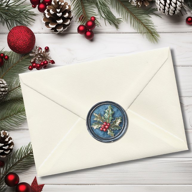 Pegatina Redonda Blue Holly Christmas Faux Wax (Blue Holly Christmas Faux Wax Classic Round Sticker)