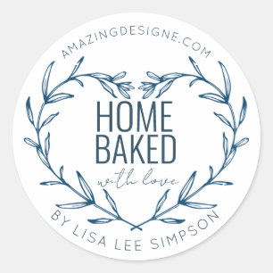 Pegatina Redonda Blue Home baked With Love heart
