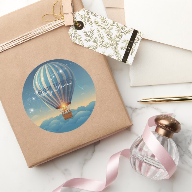 Pegatina Redonda Blue Hot Air Balloon Adventure espera Baby Shower (Regalar)